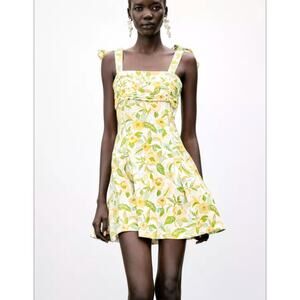 Zara Dress XL Linen Blend Floral Ruched Bowtie Strap Mini Green Yellow